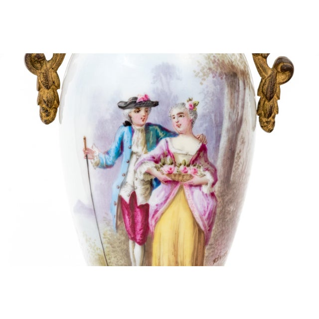 Late 19th Century Pair of French Sèvres-Style Porcelain Vases With Gilt Bronze Mounts — Hand-Painted Gallant Scenes, Marked France, Late 19th C. For Sale - Image 5 of 11