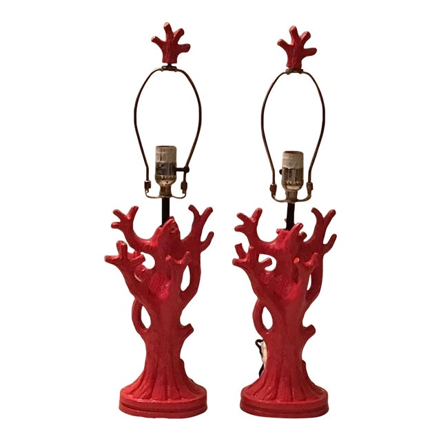 Vintage Mid Century Modern Decorative Table Lamps Coral Orange Tree Branches - a Pair For Sale