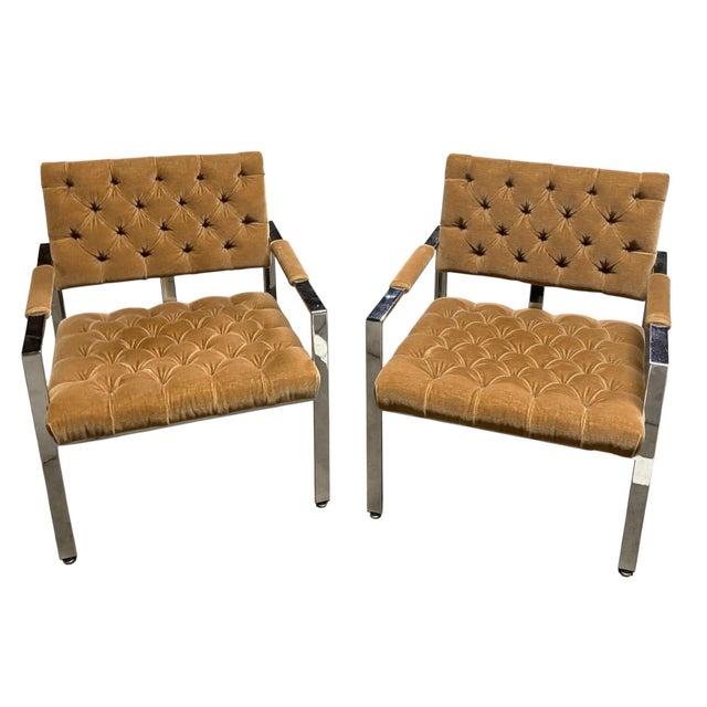 Mid-Century Modern 1970s Pair of Vintage Milo Baughman for Thayer Coggin Attributed Chrome and Tufted Mohair Chairs For Sale - Image 3 of 7