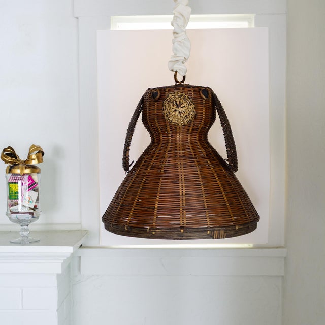 Folk Art Rattan Dog Basket Lid or Hanging Pendant Lampshade For Sale - Image 9 of 15