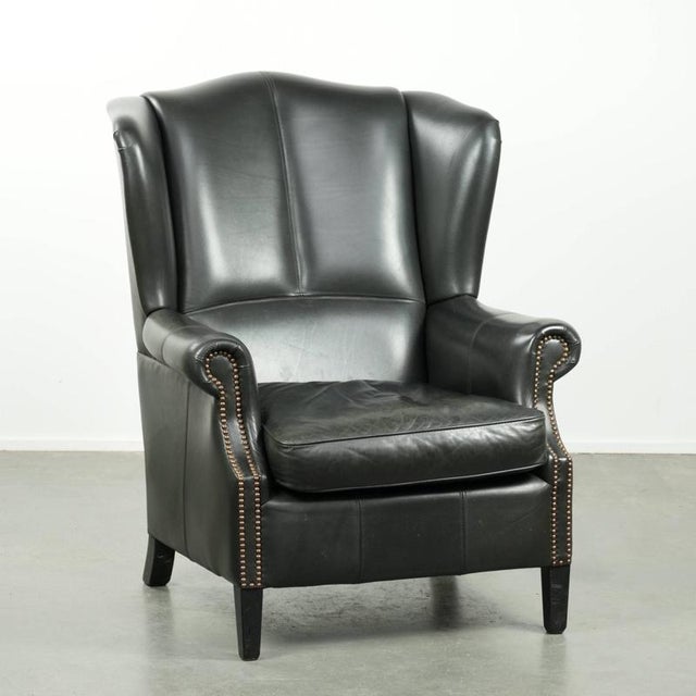 English Style Black Cowhide Wing Armchair For Sale - Image 15 of 15