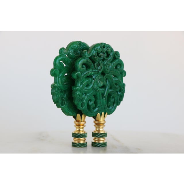 Green Scrolled Stone Chinoiserie Lamp Finials on Brass Hardware - A Matching Pair For Sale - Image 8 of 8