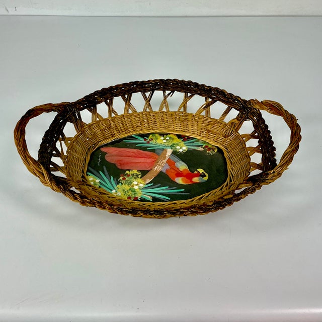1950s Vintage Mexican Folk Art Original Feather Mixed Media Acrylic Bird Painting With Basket Frame For Sale - Image 10 of 14