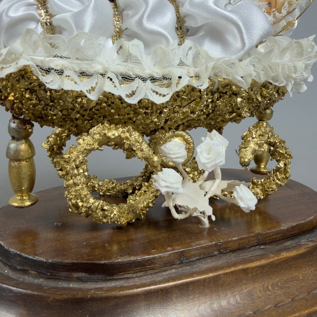Brown Vintage Mary Child in Bell Wax Golden Cradle with Wooden Base, 1950s For Sale - Image 8 of 12