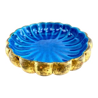 Vintage Italian Blue Crackle Glaze & Gilt Scalloped Ceramic Bowl For Sale