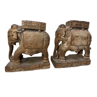Pair of Antique 1700's Hand Carved Wood India Temple Salvage Elephant Sculptures For Sale