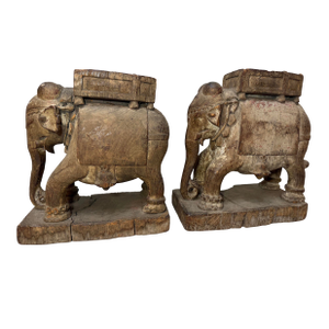 Pair of Antique 1700's Hand Carved Wood India Temple Salvage Elephant Sculptures