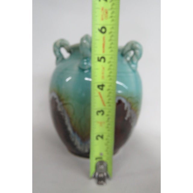 Turquoise Ceramic Pottery Vase Turquoise Celadon Drip Crackle Glaze 5 Handled Jug 4861b For Sale - Image 8 of 11