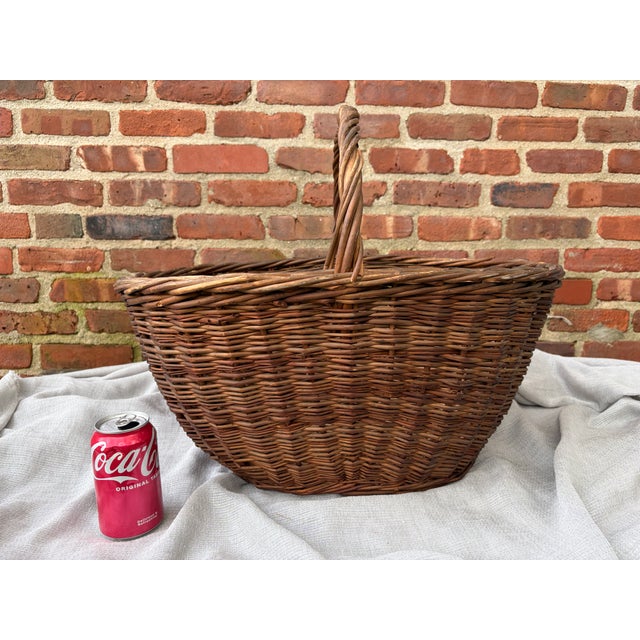 Brown Early 20th Century Large Woven Willow Gathering Basket With Top Handle For Sale - Image 8 of 15