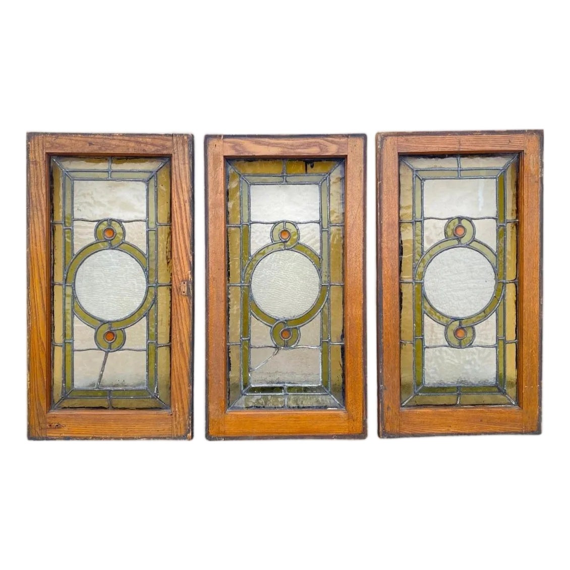 Antique Victorian Green Stained Glass Window Orange Jewel in Wood