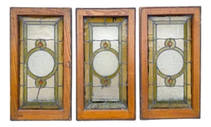 Antique Victorian Green Stained Glass Window Orange Jewel in Wood Frame Set of 3