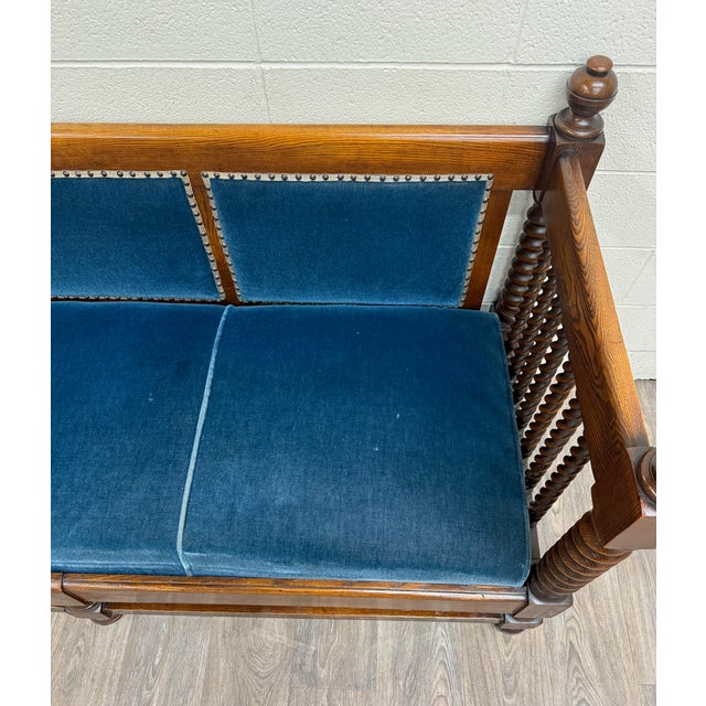 Antique Jacobean Revival Blue Velvet Upholstered Oak Hall Settee Daybed Bench For Sale - Image 14 of 18