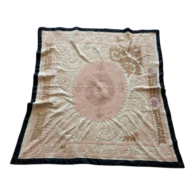 Suzani Embroidery Wall Decor - Neutral Tan Uzbek Tablecloth For Sale