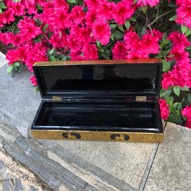 Burmese Vintage Black Lacquer and Gold Long Box For Sale - Image 4 of 9