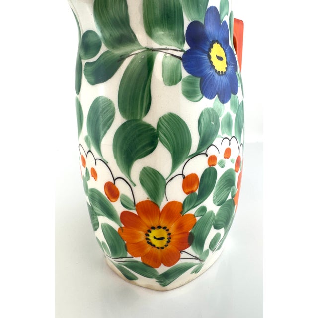 1960s Vintage Czech Hand-Painted Floral Pitcher – Czechoslovakia Folk Art Pottery Jug For Sale - Image 5 of 12
