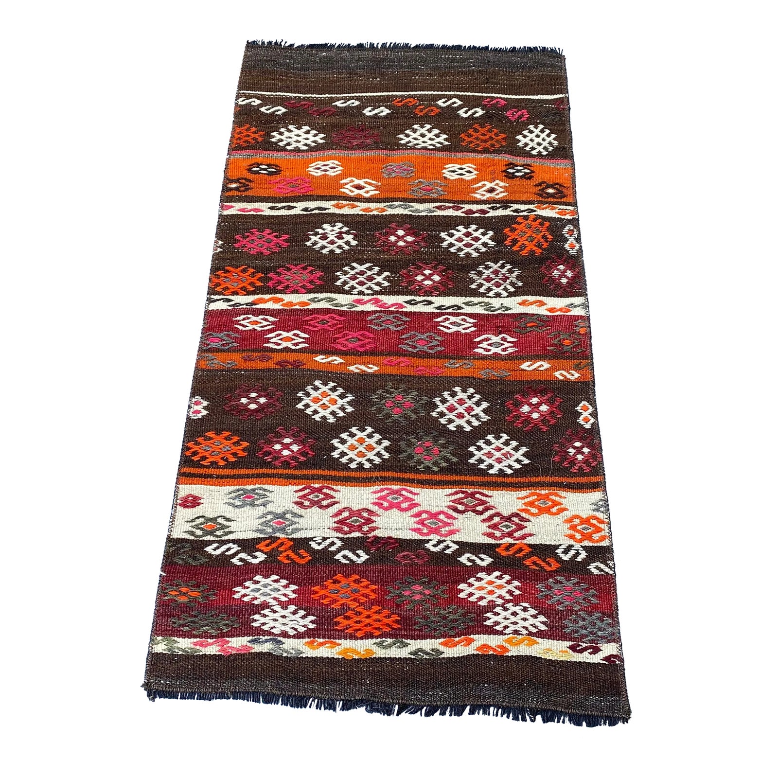 View of Vintage Small Colorful Kilim Rug | Chairish