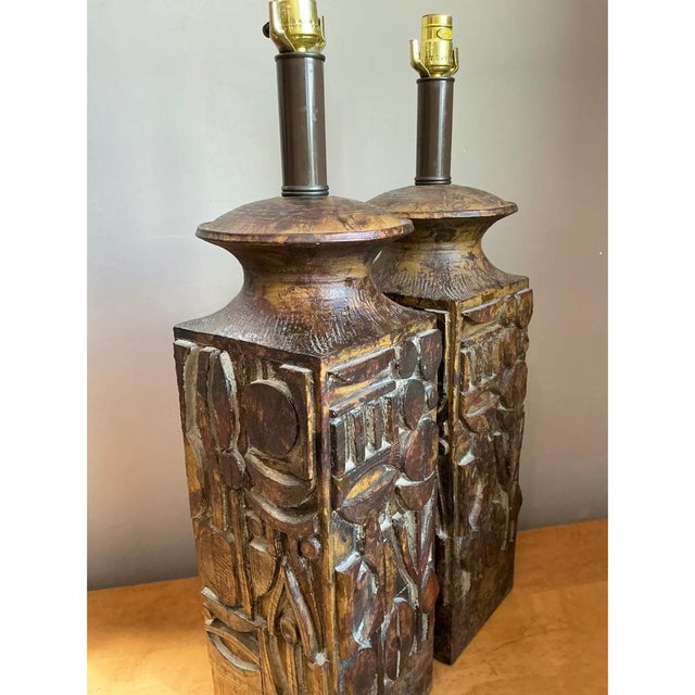 Vintage Abstract Carved Ceramic Lamps - A Pair For Sale - Image 10 of 13