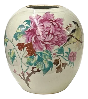 Vintage Chinese Pink Peonies Round White Porcelain Pot Vase