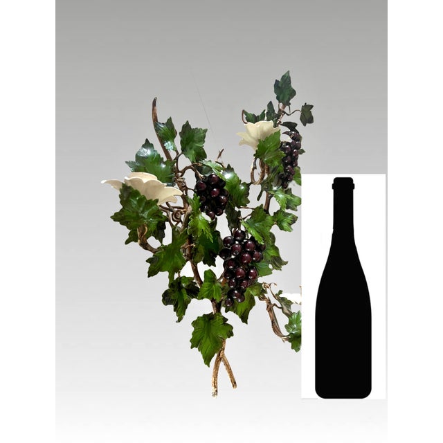 Old Italian Grape & Vine Hand Painted Tole Metal Wall Scones, 3 Candle Holders, a Pair 22" For Sale - Image 12 of 12