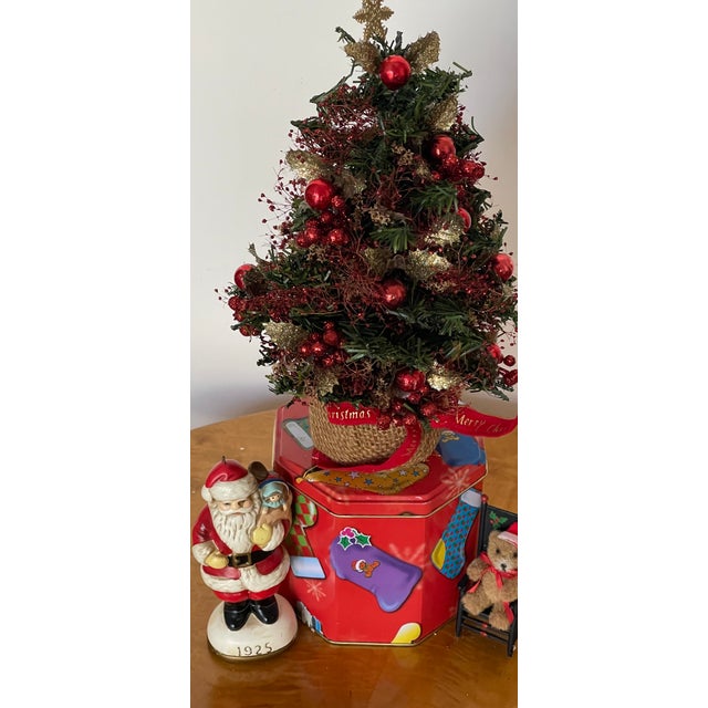 Vintage Holiday set arrangement with bottle brush tree , porcelain Santa and mini teddy bear.