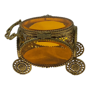 Vintage Ornate Brass Cart Jewelry Display Trinket Box Amber Beveled Glass