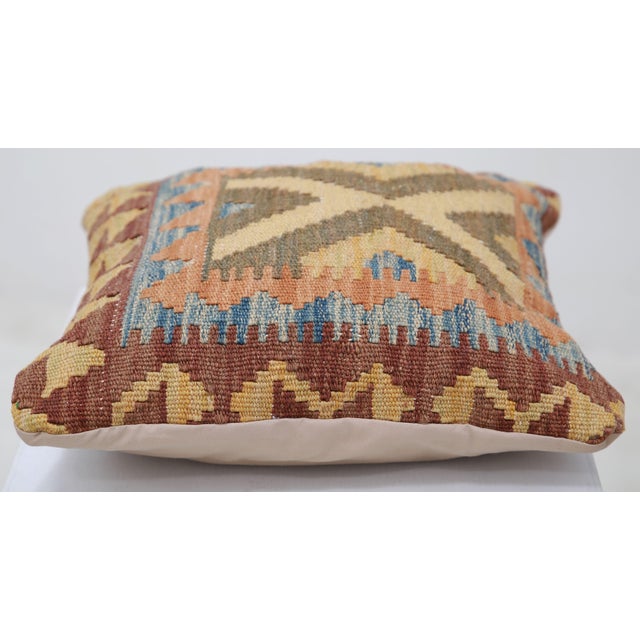 Tribal Arteverk Handwoven Afghan Kilim Pillow — Orange & Blue Diamond Medallion For Sale - Image 3 of 3