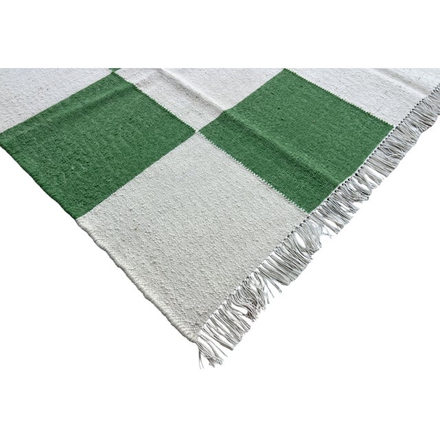 Casa Cosima Handmade Woolen Flat Weave Rug, Moss Green and White Checker Board Dhurrie - 5'x8' For Sale - Image 4 of 12