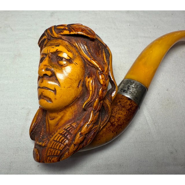 19th Century Antique 19th Century Hand Carved Meerschaum Sterling Indian Chief Smoking Pipe For Sale - Image 5 of 17
