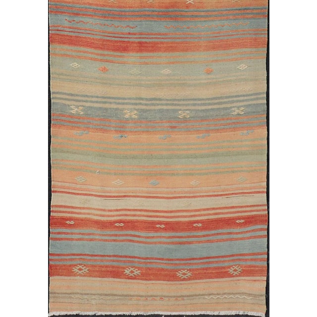 Vintage Turkish Kilim Runner in Coral, Blue and Beige Striped Design 2'10" X 11'6" For Sale - Image 9 of 10