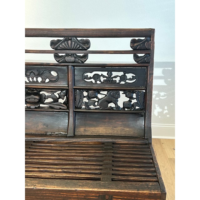 Large Antique 66.125”l Shanxi Carved Wood Bench For Sale - Image 13 of 13