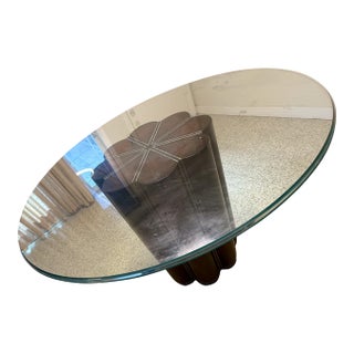 Vintage Brutalist Patinated Metal Lobed Pedestal Table With Round Glass Top For Sale