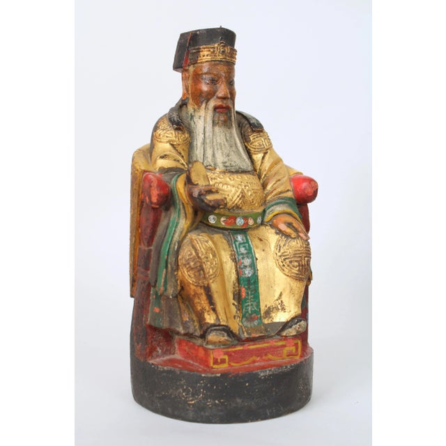 1900 - 1909 Pair of Chinese Wood Carved Polychrome and Gilt Decorated Figures For Sale - Image 5 of 12