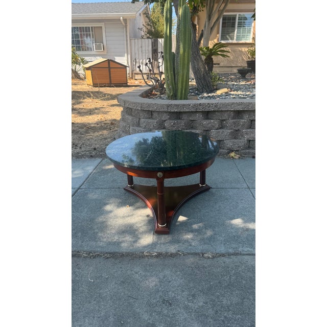 French Provincial Vintage French Empire Neoclassical Style Mahogany Green Marble TopCoffee Table For Sale - Image 3 of 13