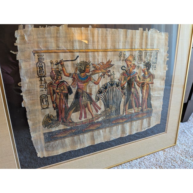 Pair of Mid-Century Modern Framed Egyptian Papyrus Artworks, 20x24 Gold Aluminum Frames For Sale - Image 4 of 10