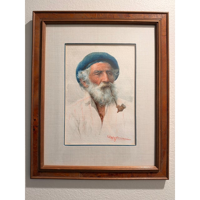An original watercolor portrait by Italian artist Augusto Moriani (1854–1913), depicting an elderly bearded man in a blue...