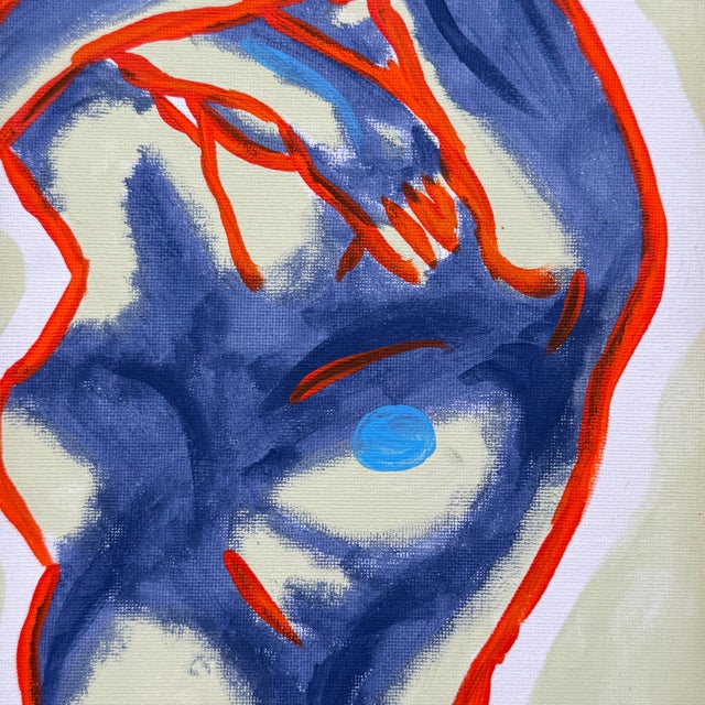 Original contemporary figurative painting featuring an expressive nude form rendered in rich blue tones with vivid orange...