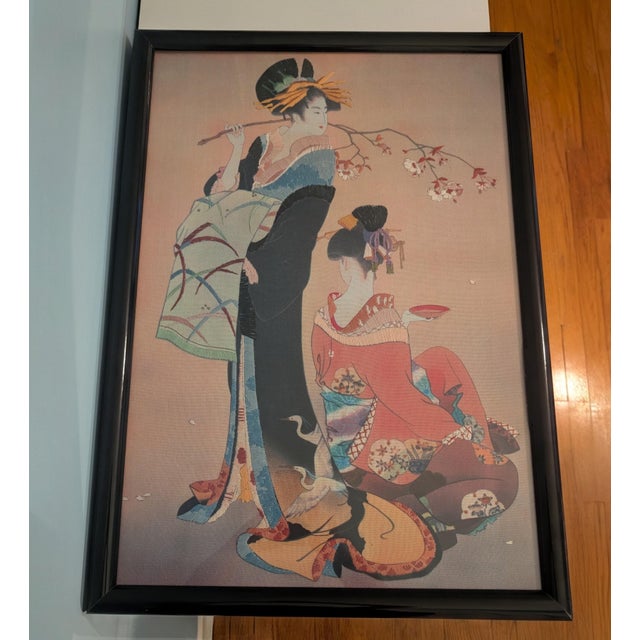 This is a vintage Japanese mixed-media textile print crafted in the traditional Bijin-ga (美美人画, "pictures of beautiful...