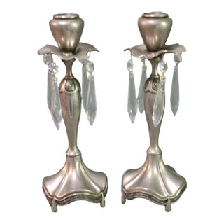 Pair Early 20th Century Art Nouveau Crystal Prism Pewter Tulip Top Candlesticks For Sale