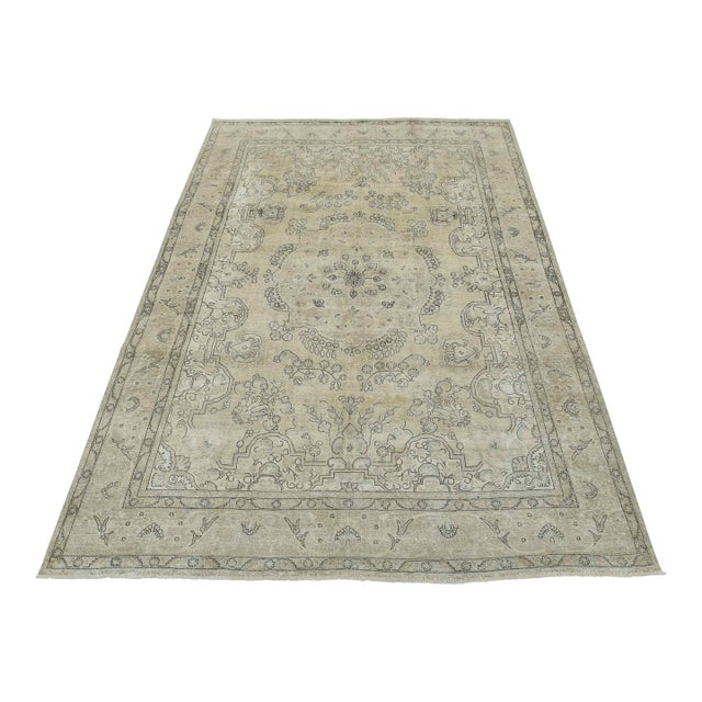 Tabriz Rug 9’7” X 13’1” Beige Wool Vintage Distressed Hand-Knotted Carpet For Sale