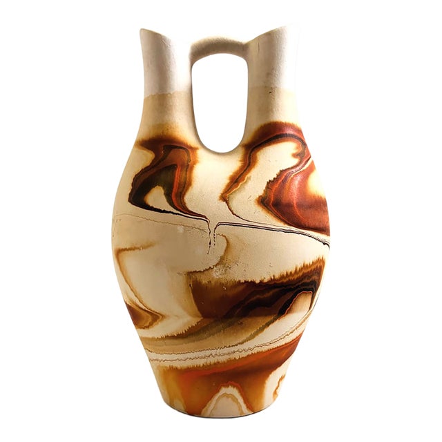 Large Vintage Nemadji Pottery Wedding Vase - Orange and Brown Matte Swirl Glaze For Sale