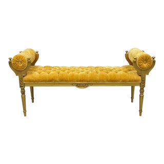 Vintage Gold Hollywood Regency French Style Window Bench With Tufted Upholstery For Sale