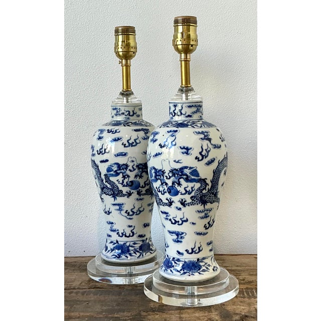Blue Vintage Dragon Glazed Ceramic Lamps - A Pair For Sale - Image 8 of 12