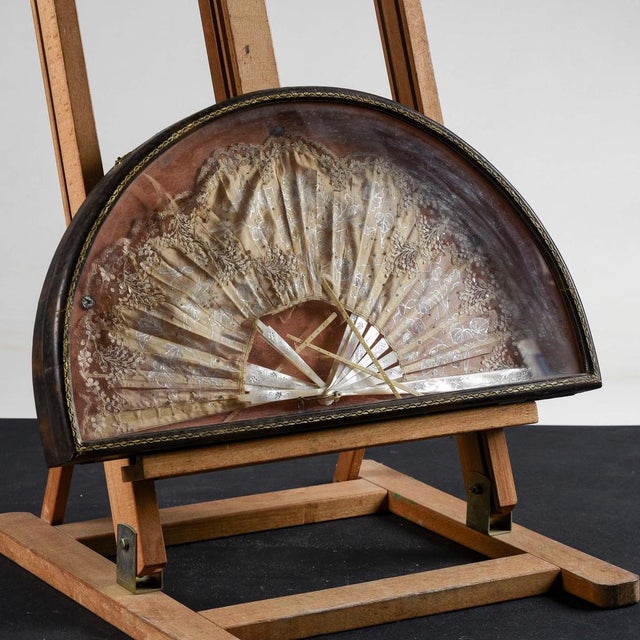 Fan Holder Frame Covered in Leather with Vintage Fan For Sale - Image 4 of 7
