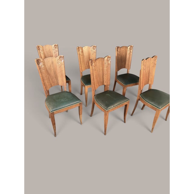 Art Nouveau Dining Chairs in Oak with Carved Rose Motifs, 1920, Set of 6 For Sale - Image 3 of 9