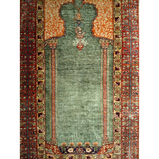 Vintage Turkish Hereke Prayer Rug, Green and Brick Red, Early 1900s, 2' x 3' For Sale - Image 10 of 16