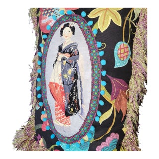 Vintage Geisha Needlepoint Pillow 22 X 16 Petit Point Fringe Oval Inset Pom Poms Chinoiserie For Sale