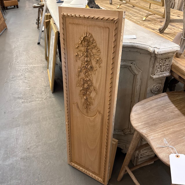 This is a finely carved antique French panel in the Louis XVI style, crafted from bleached wood. The rectangular panel is...