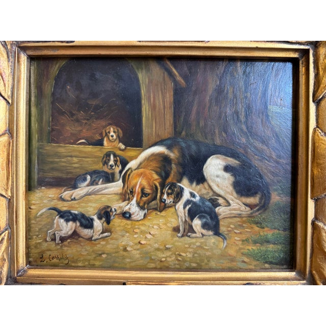 This antique oil painting on board of mamma hound dog with her pups is just too sweet! Besides the most adorable subjects,...