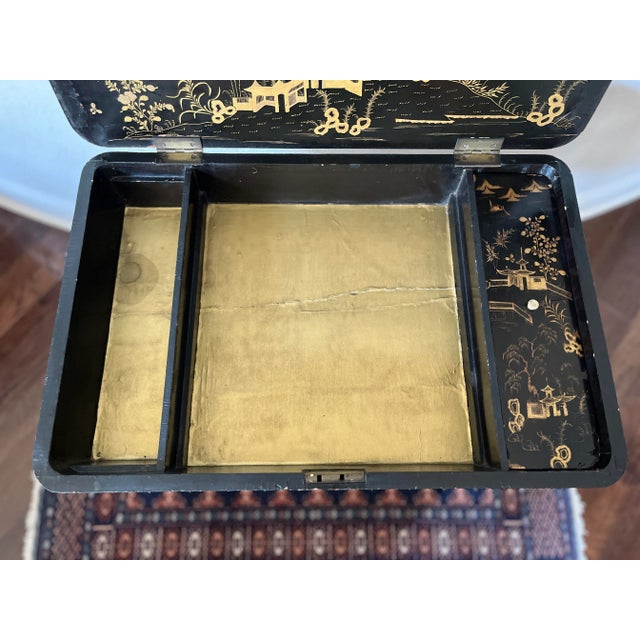 Antique 19th Century Chinese Export English Chinoiserie Black Laquered Sewing Table, Work Table For Sale - Image 11 of 12