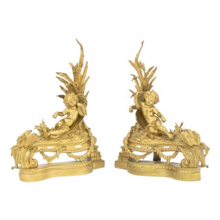 Louis XV Style Cherub Motif Brass Chenets, Pair For Sale